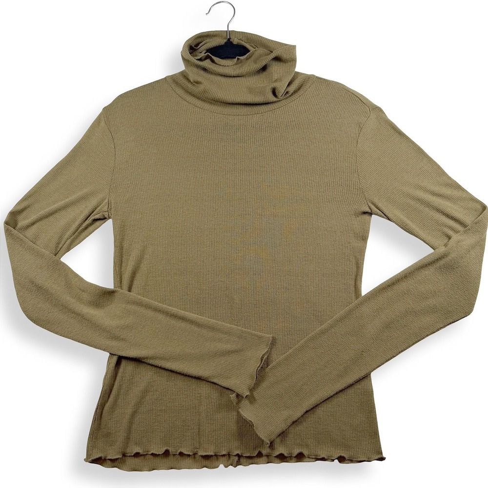 Free People Intimately Ribbed Turtleneck Top Olive Green Lettuce Edge L